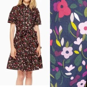 Kate Spade Boho Floral Shirt Dress Black Multi A-Line Short Sleeve Size 10